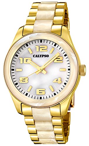 Calypso Damenarmbanduhr Quarzuhr Kunststoffuhr mit Kunststoffband mit Faltschliesse analog K5648 Farben gold weiss
