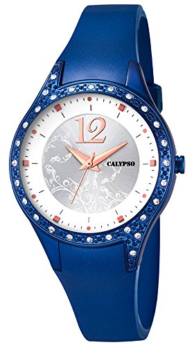 Calypso Damenarmbanduhr Quarzuhr Kunststoffuhr mit Polyurethanband und Glitzersteinchen analog K5660 Farben blau weiss