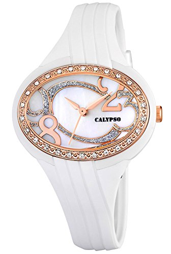 Calypso Damenarmbanduhr Quarzuhr Kunststoffuhr mit Polyurethanband und Glitzersteinchen analog K5640 Farben weiss rosegold