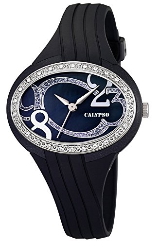 Calypso Damenarmbanduhr Quarzuhr Kunststoffuhr mit Polyurethanband und Glitzersteinchen analog K5640 Farben schwarz