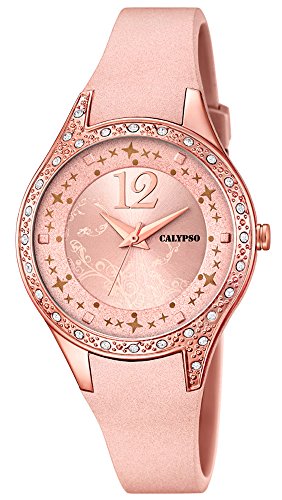 Calypso Damenarmbanduhr Quarzuhr Kunststoffuhr mit Polyurethanband und Glitzersteinchen analog K5660 Farben rosa