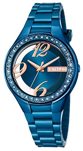 Calypso Damenarmbanduhr Quarzuhr Kunststoffuhr mit Polyurethanband und Glitzersteinchen analog K5679 Farben blau