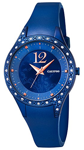 Calypso Damenarmbanduhr Quarzuhr Kunststoffuhr mit Polyurethanband und Glitzersteinchen analog K5660 Farben blau