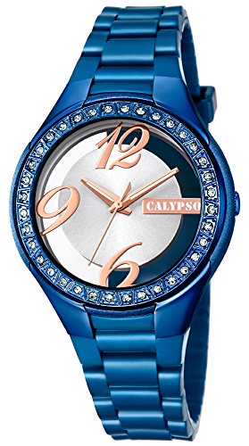 Calypso Damenarmbanduhr Quarzuhr Kunststoffuhr mit Polyurethanband und Glitzersteinchen analog K5679 Farben blau weiss