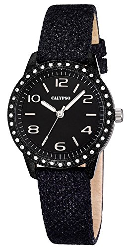 Calypso Damenarmbanduhr Quarzuhr Kunststoffuhr mit Leder Textilband und Glitzersteinchen analog K5652 Farben schwarz