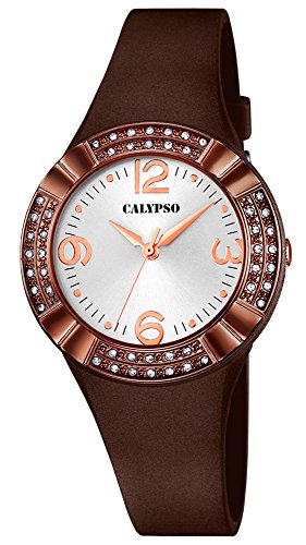 Calypso Damenarmbanduhr Quarzuhr Kunststoffuhr mit Polyurethanband analog K5659 Farben braun weiss