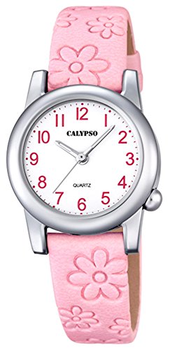 Calypso Kinderarmbanduhr Quarzuhr Analoguhr Lederband mit Blumenpraegung K5710 Farben rosa