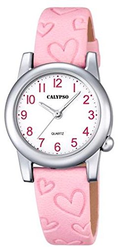 Calypso Kinderarmbanduhr Quarzuhr Analoguhr Lederband mit Herzpraegung K5709 Farben rosa