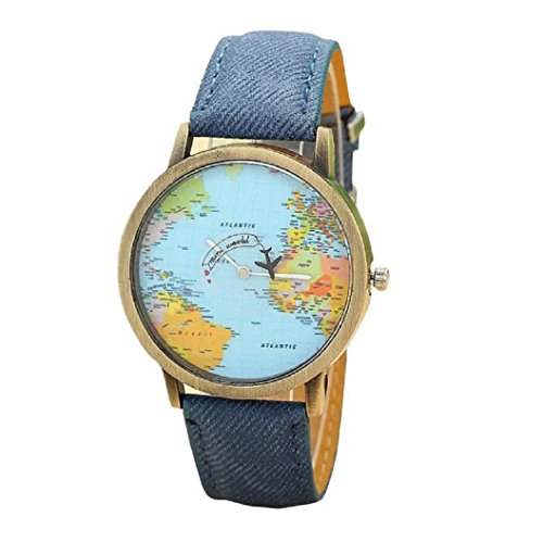 Loveso Armband uhr Elegant Global Travel Mit dem Flugzeug Map Frauen Kleid Uhr Denim Gewebe Band Blau