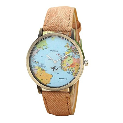 Loveso Armband uhr Elegant Global Travel Mit dem Flugzeug Map Frauen Kleid Uhr Denim Gewebe Band Kaffee
