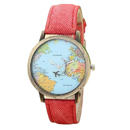 Loveso Armband uhr Elegant Global Travel Mit dem Flugzeug Map Frauen Kleid Uhr Denim Gewebe Band Rot