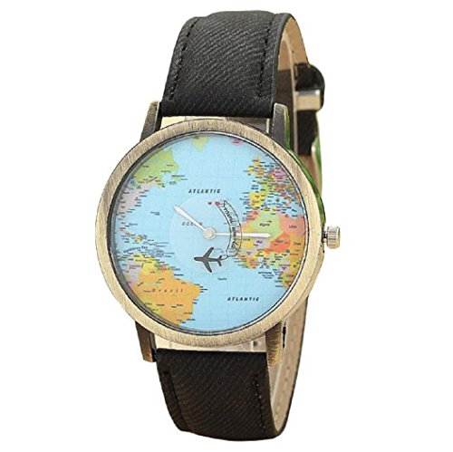 Loveso Armband uhr Elegant Global Travel Mit dem Flugzeug Map Frauen Kleid Uhr Denim Gewebe Band Schwarz