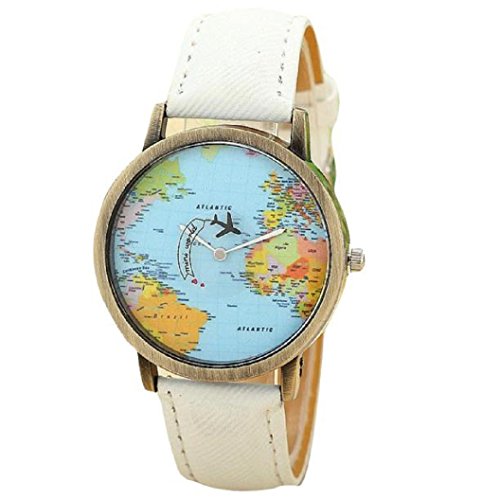 Loveso Armband uhr Elegant Global Travel Mit dem Flugzeug Map Frauen Kleid Uhr Denim Gewebe Band Weiss