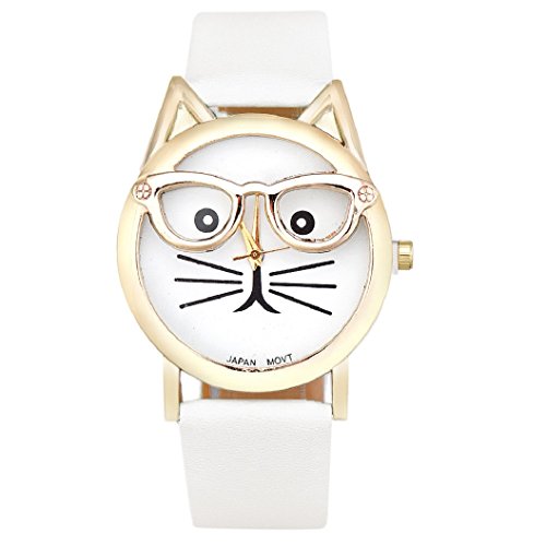 Loveso Armband uhr elegant Frauen Damen Art und Weise nette Glas Katze Analog Quarz Uhr Armbanduhr Weiss