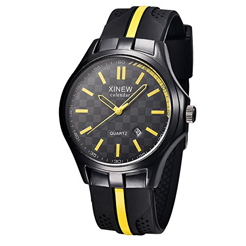 Loveso Armband uhr Herren Schwarze Silikon Gummiband Art und Weisemann Datums Quarz analoge Sport Armbanduhr Gelb