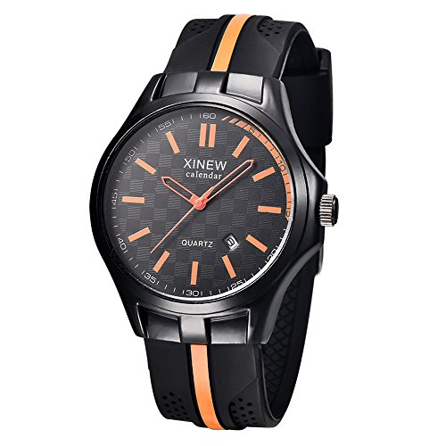 Loveso Armband uhr Herren Schwarze Silikon Gummiband Art und Weisemann Datums Quarz analoge Sport Armbanduhr Orange