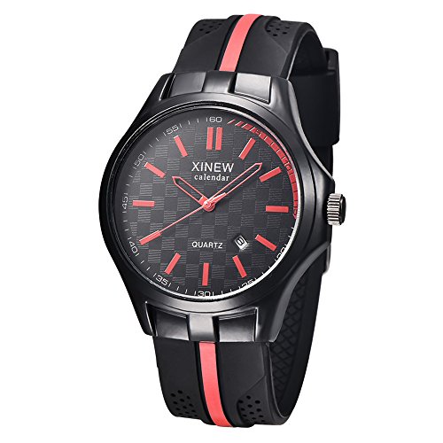 Loveso Armband uhr Herren Schwarze Silikon Gummiband Art und Weisemann Datums Quarz analoge Sport Armbanduhr Rot