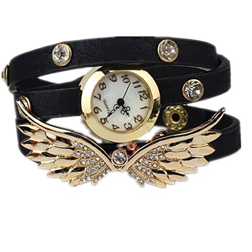 Loveso Armbanduhr elegant Mode Angel Wings Weinlese Leder Buegel Armband Armbanduhr Schwarz