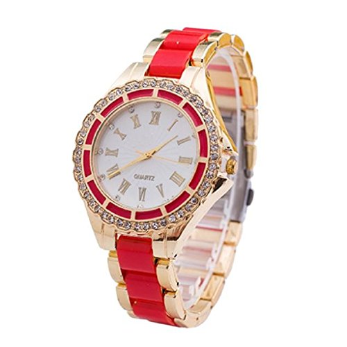 Loveso Armbanduhr elegant Frauen eleganter Kristallvorwahlknopf Band Quarz Edelstahl Armbanduhr Rot