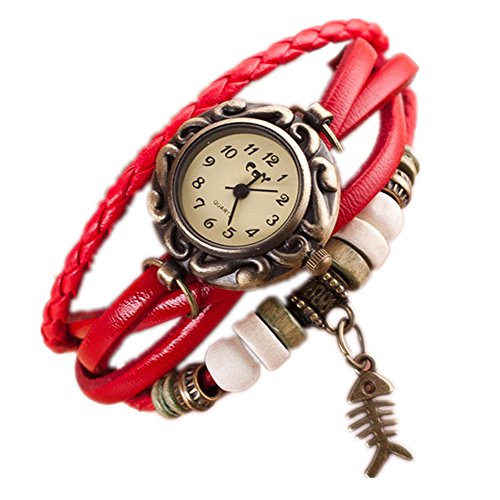 Loveso Armbanduhr elegant Damen Women Fashion Quartz Weave Around Leder Fishbone Armband Armbanduhr Rot
