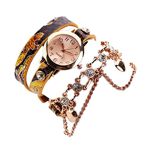 Loveso Armbanduhr elegant Frauen Leder Strass Niet Ketten Quarz Armband Armbanduhr Uhr Gelb