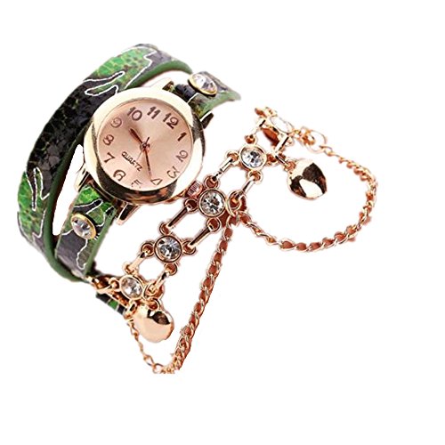Loveso Armbanduhr elegant Frauen Leder Strass Niet Ketten Quarz Armband Armbanduhr Uhr Gruen