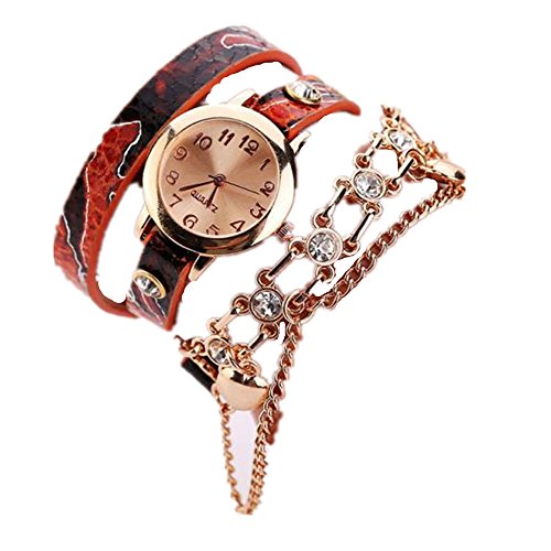 Loveso Armbanduhr elegant Frauen Leder Strass Niet Ketten Quarz Armband Armbanduhr Uhr Orange