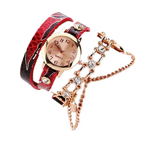 Loveso Armbanduhr elegant Frauen Leder Strass Niet Ketten Quarz Armband Armbanduhr Uhr Rot