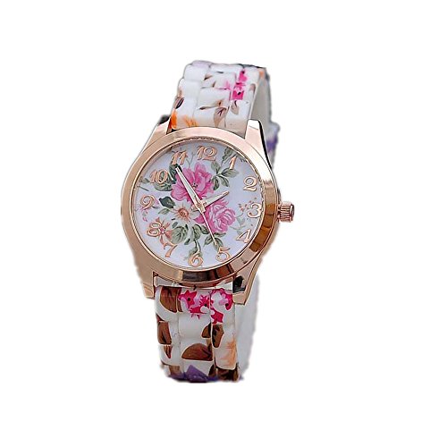 Loveso Armbanduhr elegant Frauen Maedchen Uhr Silikon gedruckte Blumen Causal Hot pink