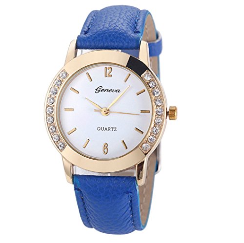 Loveso Armbanduhr elegant Genf Art und Weise Frauen Diamant analoge lederne Uhren Blau