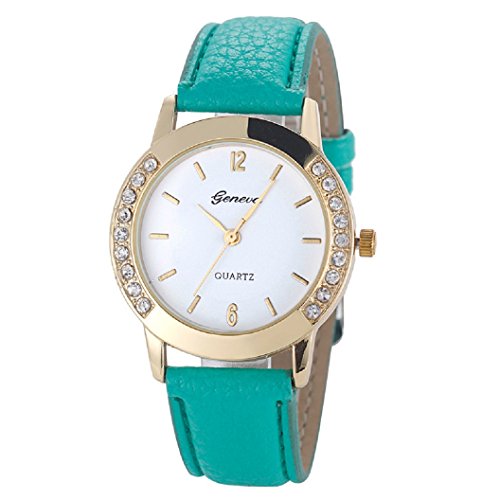 Loveso Armbanduhr elegant Genf Art und Weise Frauen Diamant analoge lederne Uhren Gruen