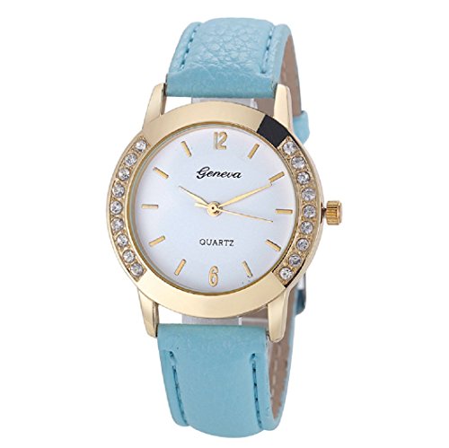 Loveso Armbanduhr elegant Genf Art und Weise Frauen Diamant analoge lederne Uhren Himmelblau