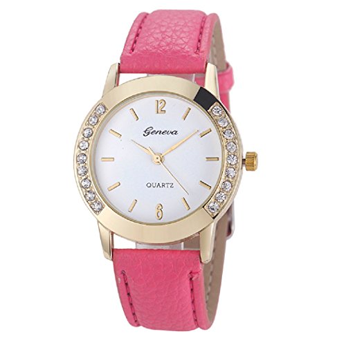 Loveso Armbanduhr elegant Genf Art und Weise Frauen Diamant analoge lederne Uhren Hot Pink