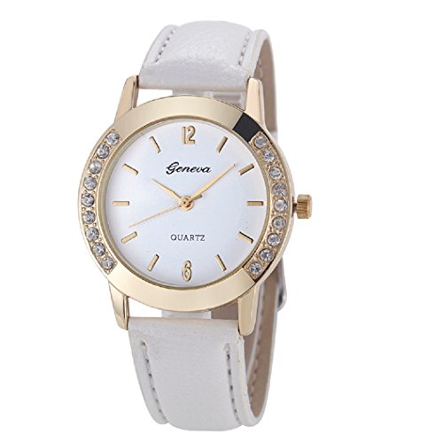 Loveso Armbanduhr elegant Genf Art und Weise Frauen Diamant analoge lederne Uhren Weiss