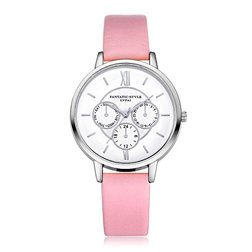 Loveso Armbanduhr elegant Neuer weiblicher Temperament Quarz runder lederner Gurt mit simulierter Uhr Pink