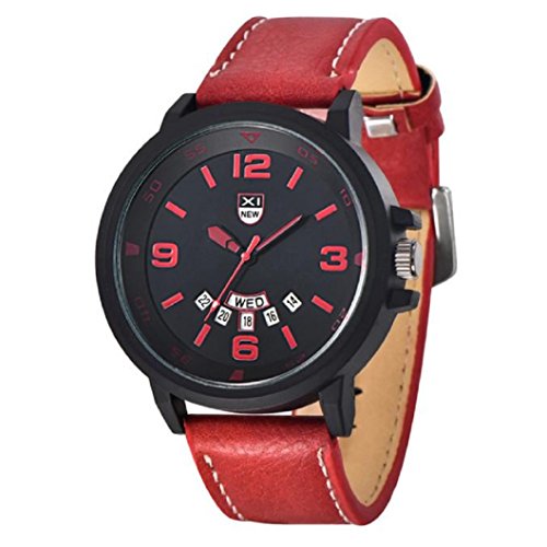 Loveso Herren Elegant Armbanduhr Mode fuer Maenner Lederband Uhren Militaersport Analog Quarz Datum Armbanduhr Rot