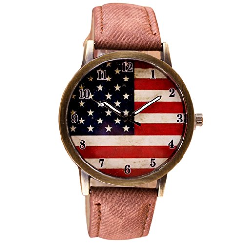 Loveso Herren Elegant Armbanduhr Flagge eine Flagge Muster Lederband Armbanduhren Braun