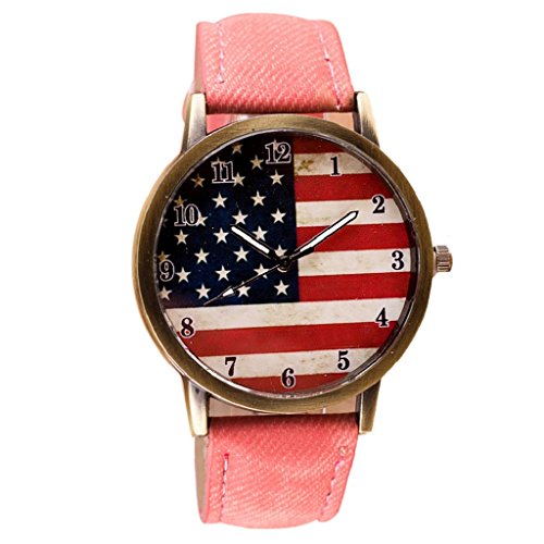 Loveso Herren Elegant Armbanduhr Flagge eine Flagge Muster Lederband Armbanduhren Pink