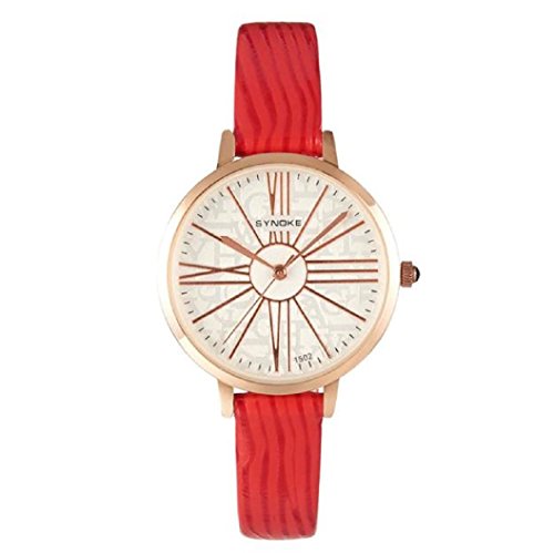 Loveso Frauen elegante Armbanduhr Leder Band Uhr Edelstahl Rot