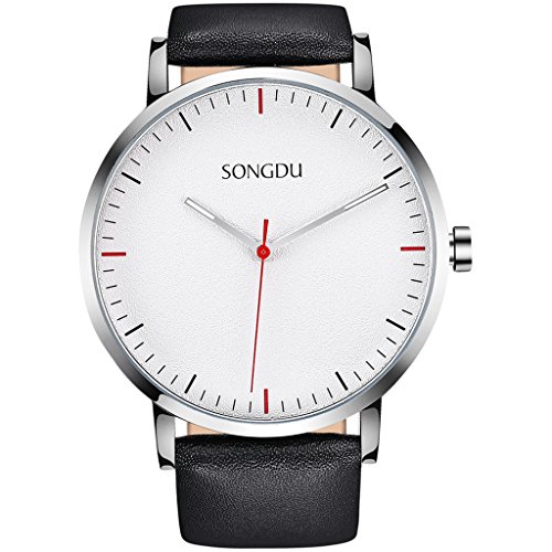 SONGDU Unisex Elegant Quarz Uhr Armbanduhr mit Schwarz Leder Armband Metallgehaeuse und weisses Zifferblatt DM 9205P01AE