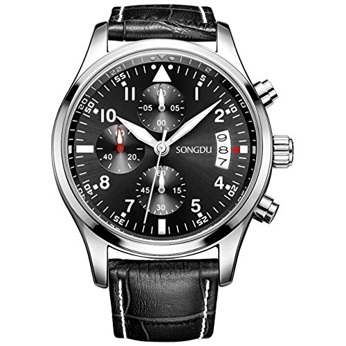 SONGDU Multifunktions Quarz Uhr Armbanduhr mit Schwarzes Leder Armband und Schwarzes Zifferblatt DM 9202 P01EYA