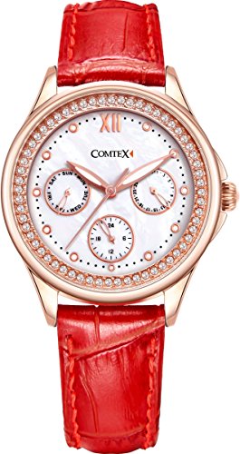 Comtex Modische Damen Rose Golden Armbanduhr mit Rotes Lederband