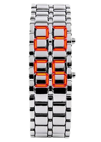 Panegy Liebespaar Armbanduhr Unisex LED Digitaluhr mit Legierung Armband Silberfarbig Fashion 3ATM Wasserdicht Legierung Ketteuhr Fuer Maedchen Frauen Rot