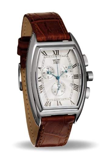 Davis 0030 Retro-Uhr Desmond, Chronograph, Tonnen-Gehaeuse, Ziffernblatt Weiss Stahl, Lederarmband Braun