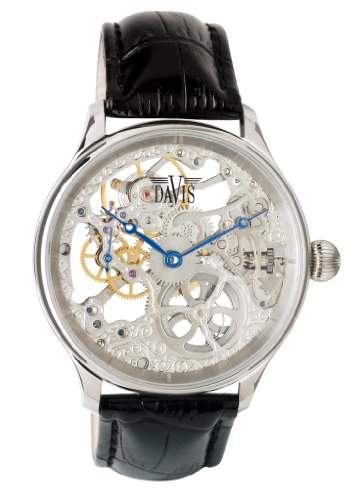 Davis 0890 - Herren Skeleton Uhr Mechanisch Skelett mit sichtbarem Uhrwerk Lederarmband Schwarz
