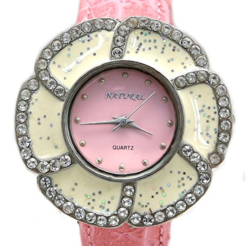 NATURAL rosa Zifferblatt PNP glaenzende silberne Uhrgehaeuse Damen Blumen Mode Uhr