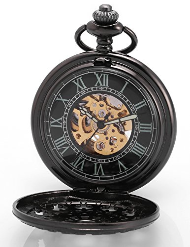 AMPM24 Unisex Retro Automatik Mechanische Taschenuhr Roemische Ziffern Skelett Uhr mit Kette und Geschenkbox WPK201