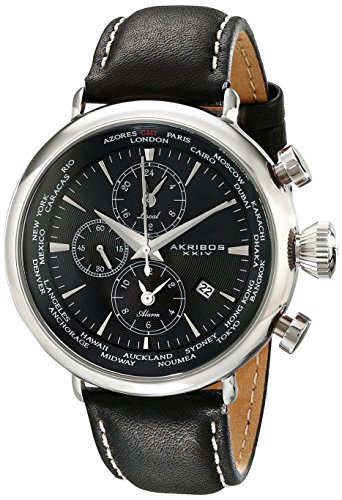 Akribos XXIV Herren Explorer Welt Zeit Alarm Edelstahl schwarz Zifferblatt schwarz Lederband Armbanduhr