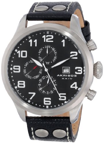 Akribos XXIV Herren s Essential Swiss Quarz Multifunktions Edelstahl schwarz Lederband Armbanduhr