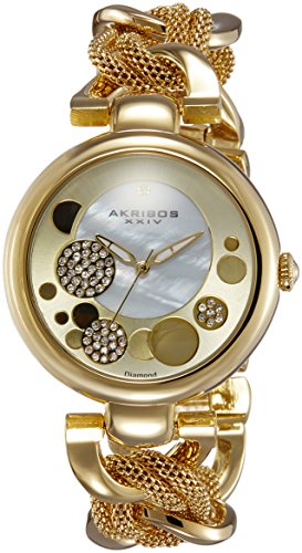 Akribos XXIV Damen Lady Diamond goldfarbene Zifferblatt Mesh und Kette Link Armband Armbanduhr
